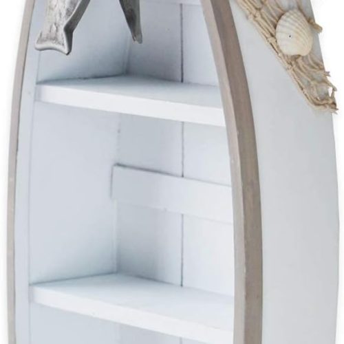 CT0434232JS_1 Morning View 2-Shelf Wood Boat Shelf, Nautical Decor with Fishing Net, Starfish, Seashells - Wall Mount or Tabletop Display - Beach Themed Home Decor, White, 6.7x3x16.5 Inch