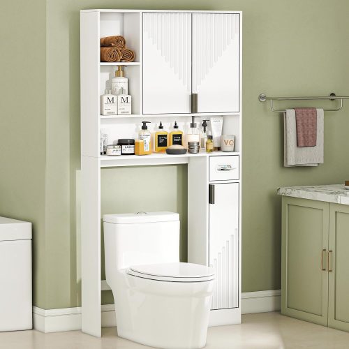 CT0434337JS_1 GOODONE White Over The Toilet Storage Cabinet - with 3 Doors and Toilet Paper Holder Stand, FreeStanding, for Bathroom, Restroom, Laundry