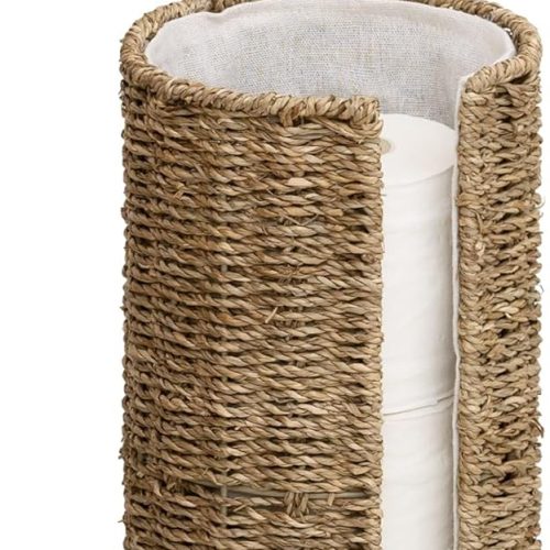 StorageWorks Seagrass Free Standing Toilet Paper Holder Stand for Bathroom, 3 Rolls of Toilet Tissue Storage with a Built-in Cloth Lining, Toilet Roll Holder Stand with Lid