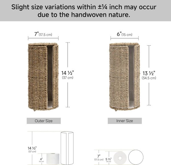 StorageWorks Seagrass Free Standing Toilet Paper Holder Stand for Bathroom, 3 Rolls of Toilet Tissue Storage with a Built-in Cloth Lining, Toilet Roll Holder Stand with Lid