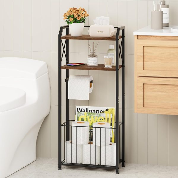 CT0434370JS_1 HapiRm Freestanding Toilet Paper Holder - 4-Tier Bathroom Tissue Organizer with Wood Shelves and Large Basket, Toilet Paper Holder Stand for Bathroom, Laundry Room, Apartment - Black(Large)