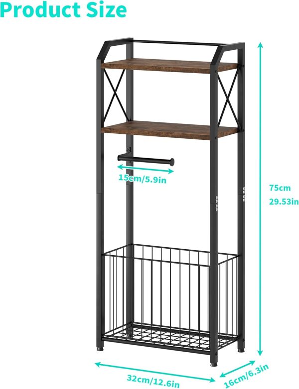 CT0434370JS_2 HapiRm Freestanding Toilet Paper Holder - 4-Tier Bathroom Tissue Organizer with Wood Shelves and Large Basket, Toilet Paper Holder Stand for Bathroom, Laundry Room, Apartment - Black(Large)