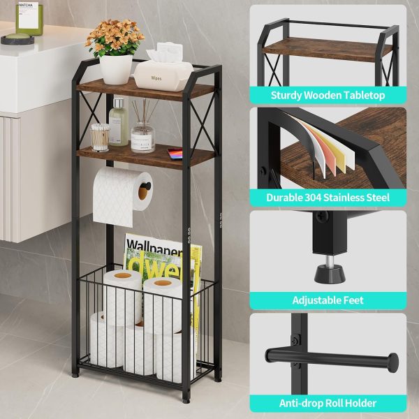 CT0434370JS_3 HapiRm Freestanding Toilet Paper Holder - 4-Tier Bathroom Tissue Organizer with Wood Shelves and Large Basket, Toilet Paper Holder Stand for Bathroom, Laundry Room, Apartment - Black(Large)