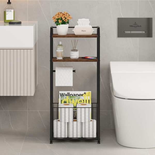 CT0434370JS_4 HapiRm Freestanding Toilet Paper Holder - 4-Tier Bathroom Tissue Organizer with Wood Shelves and Large Basket, Toilet Paper Holder Stand for Bathroom, Laundry Room, Apartment - Black(Large)