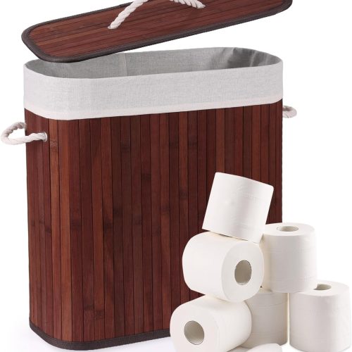 CT0434510JS_1 Bamboo Toilet Paper Storage with Lid & Handel, 8 Gallons (30L), Sturdy Toilet Paper Basket, Organizer for Bathroom, Kitchen, Holder with Storage, Brown