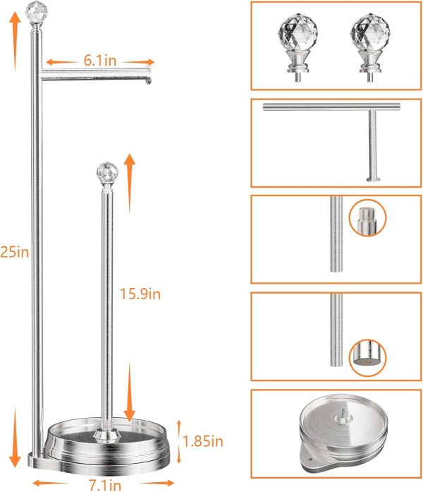 KASUNTO Toilet Paper Holder for Bathroom, Heavy Weighted Metal Free Standing Toilet Paper Holder Stand with Crystal Ball, Toilet Paper Roll Stand for Bathroom Accessories