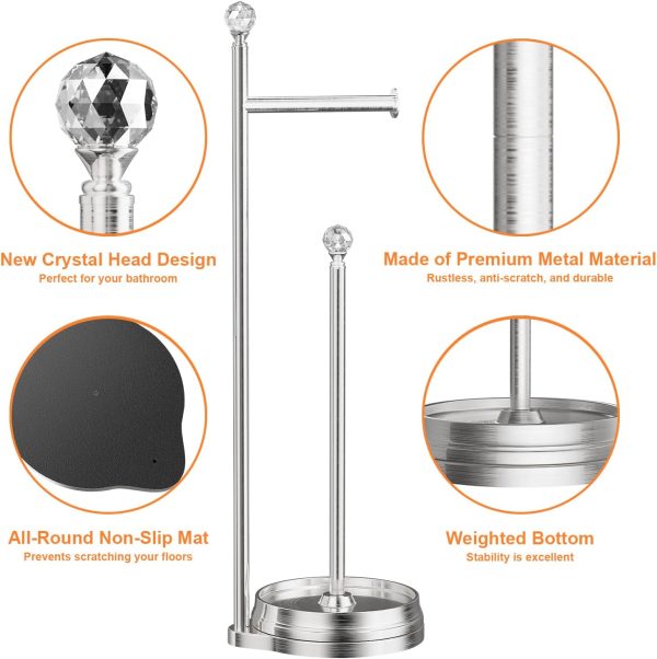 KASUNTO Toilet Paper Holder for Bathroom, Heavy Weighted Metal Free Standing Toilet Paper Holder Stand with Crystal Ball, Toilet Paper Roll Stand for Bathroom Accessories