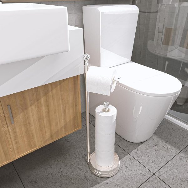 KASUNTO Toilet Paper Holder for Bathroom, Heavy Weighted Metal Free Standing Toilet Paper Holder Stand with Crystal Ball, Toilet Paper Roll Stand for Bathroom Accessories