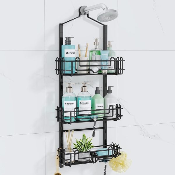 Consumest Shower Caddy Hanging – Rustproof Over Shower Head Hanger with Soap Holder and Hooks, Anti-Slip Shower Shelves for Storage, Bathroom Organizer for Apartment, Dorm, Black