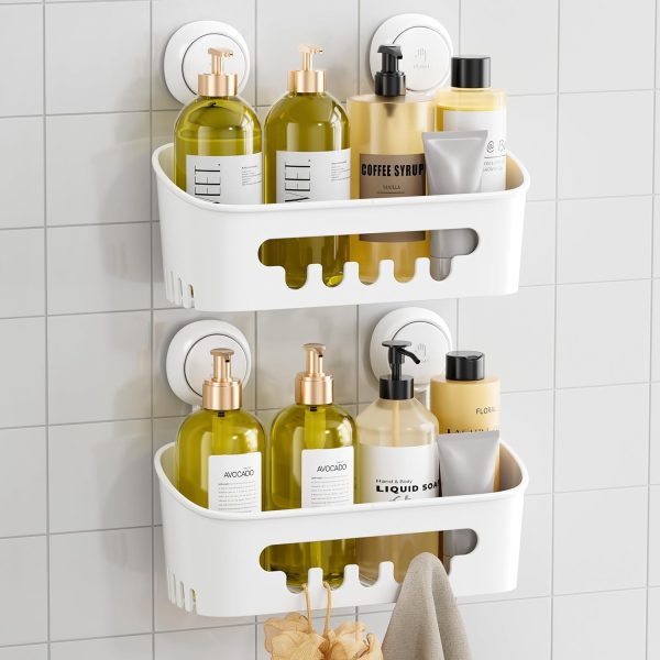 CT0434771JS_1 TAILI Shower Caddy Suction Cup 2 Pack, Heavy Duty Bathroom Organizer, Removable Shelves for Inside Shower, Shampoo, Waterproof Suction Plastic Storage for Bathroom Accessories Holder, White