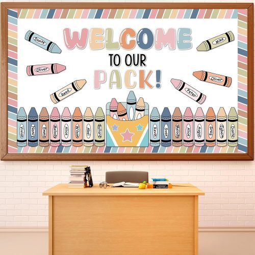 CT0434819JS_1 Boho Welcome to Our Pack Bulletin Board Set Crayons Back to School Classroom Decorations Colorful Crayon Theme Name Tags Crayon Box Star Cutouts for Classroom Teachers Chalkboard Home Wall Door Decor
