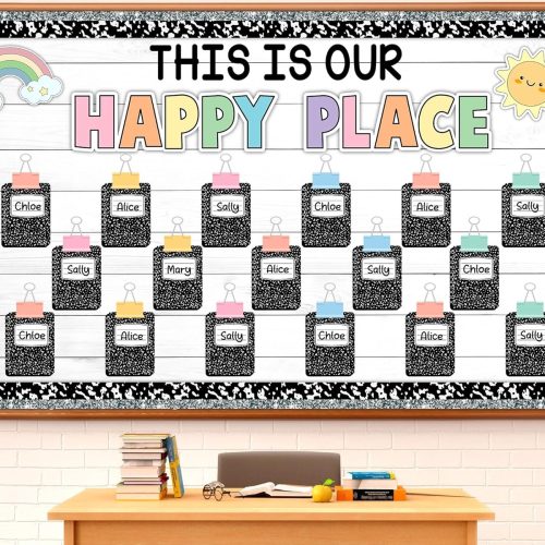 Composition Bulletin Board Decorations Set Welcome Back to School Classroom Decoration This is Our Happy Place Bulletin Board Rainbow Paper Cutouts for School Classroom Chalkboard Wall Decor Supplies