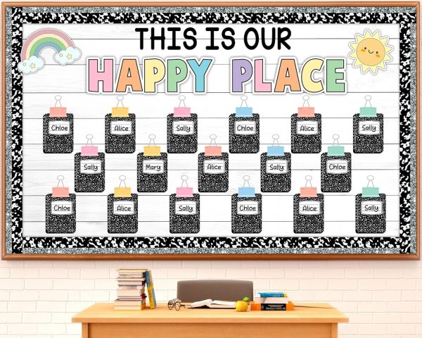 Composition Bulletin Board Decorations Set Welcome Back to School Classroom Decoration This is Our Happy Place Bulletin Board Rainbow Paper Cutouts for School Classroom Chalkboard Wall Decor Supplies