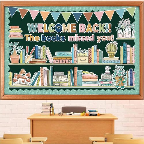 FYSUIMU 42Pcs Back to School Bulletin Board Decoration Set Boho Bookshelf Potted Plant Paper Cutouts with Triangle Flag Hanging Banner for Classroom Library Wall Supplies