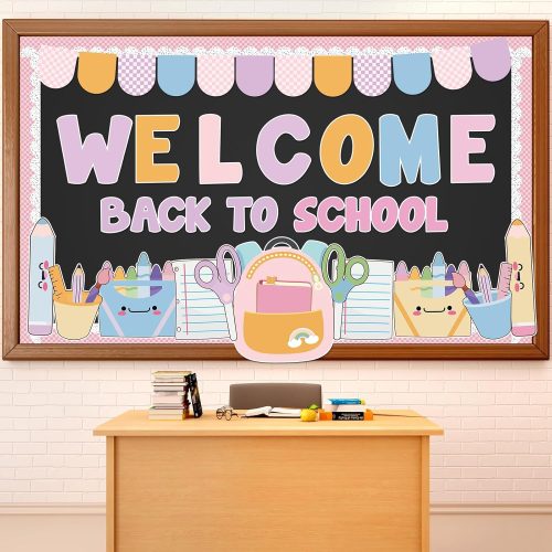 CT0434842JS_1 Welcome Back to School Bulletin Board Set - Colorful First Day of School Theme with School Supplies, Pencil, Notebook, Schoolbag Paper Cutouts - Ideal for Classroom and Back to School Party Decor