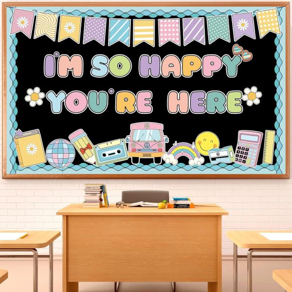 Naozinebi Groovy Back to School Bulletin Board for Classroom Decoration I'm So Happy You're Boho Retro Here Hippie Bulletin Board Set Rainbow Cutouts Daisy DIY Photo for Chalkboard Wall Teacher Decor
