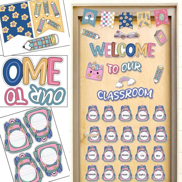 Bk to School Classroom Door Decor Bohemian Style Welcomes Back to School | Pre-cut boho set: 20 nameable backpacks,11 Paper Cutting "Welcome" banner & 100 dots.Laminated, reusable warm classroom decor