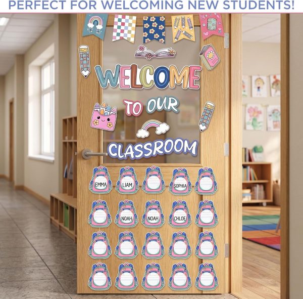 Bk to School Classroom Door Decor Bohemian Style Welcomes Back to School | Pre-cut boho set: 20 nameable backpacks,11 Paper Cutting "Welcome" banner & 100 dots.Laminated, reusable warm classroom decor
