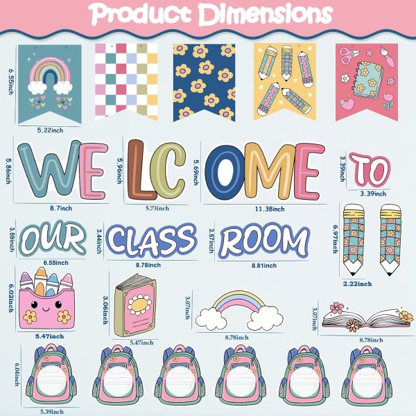 Bk to School Classroom Door Decor Bohemian Style Welcomes Back to School | Pre-cut boho set: 20 nameable backpacks,11 Paper Cutting "Welcome" banner & 100 dots.Laminated, reusable warm classroom decor