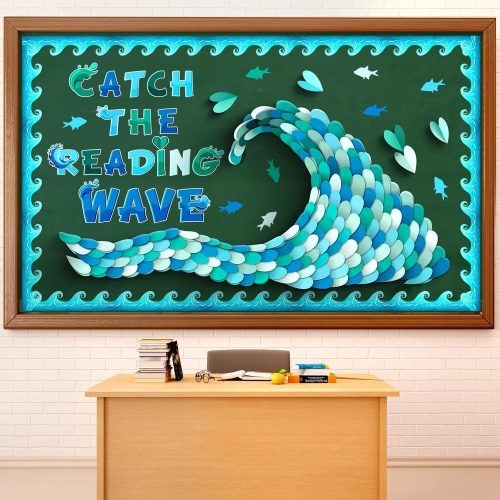 Epakh DIY Ocean Waves Bulletin Board Set Ocean Theme Classroom Decorations Blue and White Fish Heart Shaped Paper Cutouts with Waves Borders for Summer Back to School Office Library Supplies