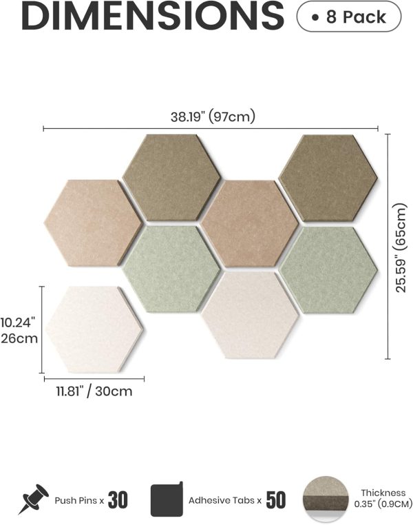 CT0435083JS_2 Fluxynara Hexagon Cork Board Alternative for Walls Decor-8-Pack Felt Bulletin Board Tiles,with 30 Pushpins,50 Adhesive Tabs for Office,Classrooms & Home Pin Board Felt Board-Linen Dusk