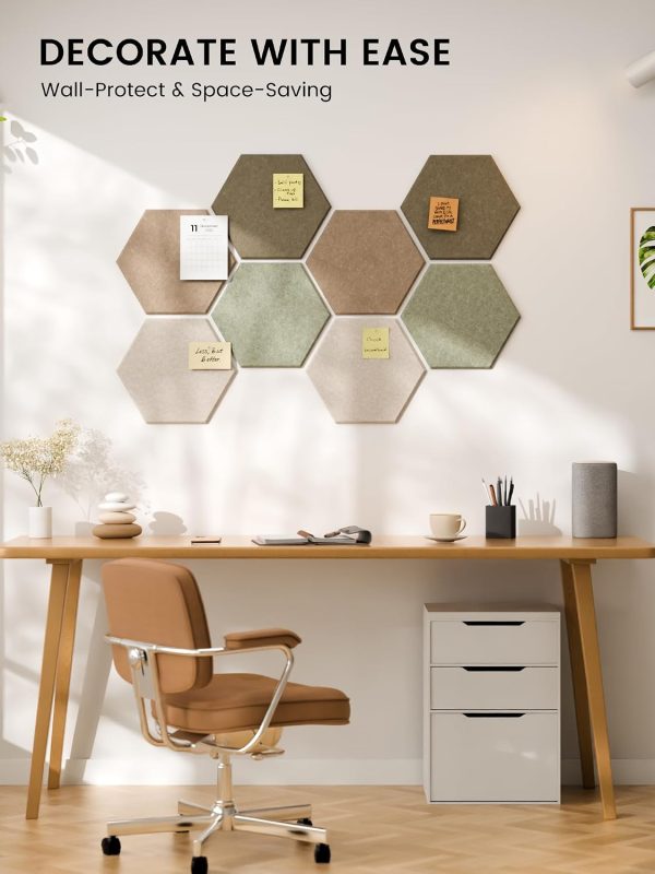 CT0435083JS_4 Fluxynara Hexagon Cork Board Alternative for Walls Decor-8-Pack Felt Bulletin Board Tiles,with 30 Pushpins,50 Adhesive Tabs for Office,Classrooms & Home Pin Board Felt Board-Linen Dusk