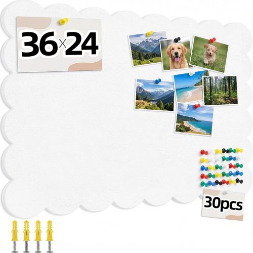 CT0435102JS_1 Scalloped White Felt Bulletin Board 36x24 Inches - Self-Adhesive Foldable, with 30 Pushpins, Cork Board Alternative - Decorative Pin Board for Wall, Home, Office & School