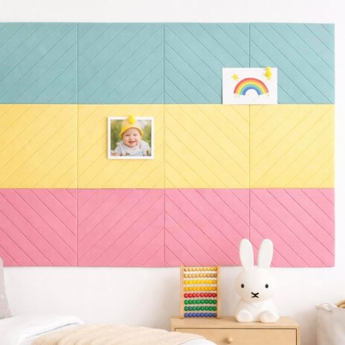 Decorative Felt Wall Tiles Bulletin Board - Large 47" x 35" Modern Pin Board Wall System for Home, Nursery, Dorm & Classroom - 12 Pack Cork Board Alternative with Push Pins & Adhesive Tabs (Sherbet)