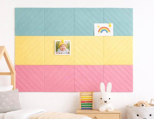 Decorative Felt Wall Tiles Bulletin Board - Large 47" x 35" Modern Pin Board Wall System for Home, Nursery, Dorm & Classroom - 12 Pack Cork Board Alternative with Push Pins & Adhesive Tabs (Sherbet)