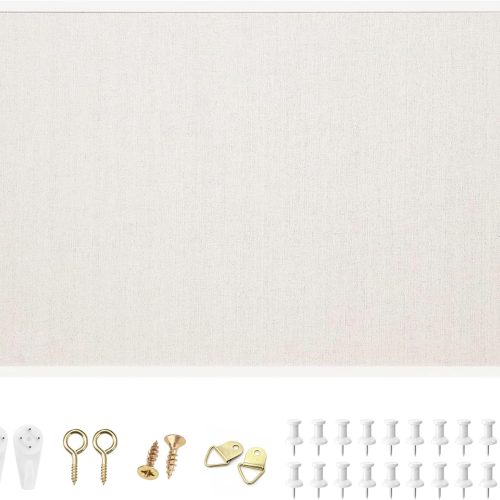 OWLKELA Linen Cork Bulletin Board, 24"x 36", Black Frame | White Framed Corkboard, Vision Board, Ideal for School, Home and Office