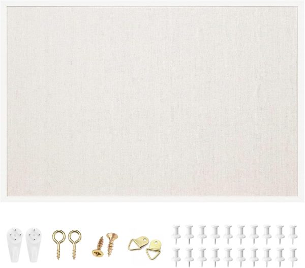 OWLKELA Linen Cork Bulletin Board, 24"x 36", Black Frame | White Framed Corkboard, Vision Board, Ideal for School, Home and Office
