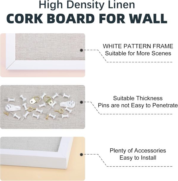 OWLKELA Linen Cork Bulletin Board, 24"x 36", Black Frame | White Framed Corkboard, Vision Board, Ideal for School, Home and Office