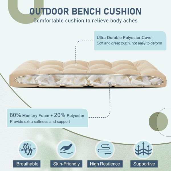 downluxe Outdoor Bench Cushion for Patio Furniture, Water Resistant Tufted Overstuffed Porch Swing Cushions, Thick Outdoor Loveseat Cushions, 44" X 19" X 5", Beige, Set of 1