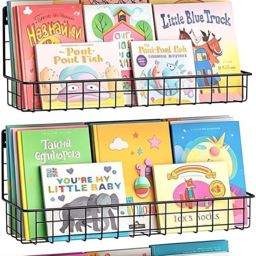 CT0437491JS_1 X-cosrack 4-Pack Wall Mounted Metal Kids Bookshelf, Floating Book Shelves for Kids Nursery Toddler Classroom, Hanging Book Shelf Organizer for Room Decor, Black