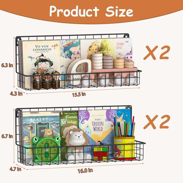 X-cosrack 4-Pack Wall Mounted Metal Kids Bookshelf, Floating Book Shelves for Kids Nursery Toddler Classroom, Hanging Book Shelf Organizer for Room Decor, Black