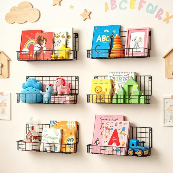 X-cosrack 4-Pack Wall Mounted Metal Kids Bookshelf, Floating Book Shelves for Kids Nursery Toddler Classroom, Hanging Book Shelf Organizer for Room Decor, Black