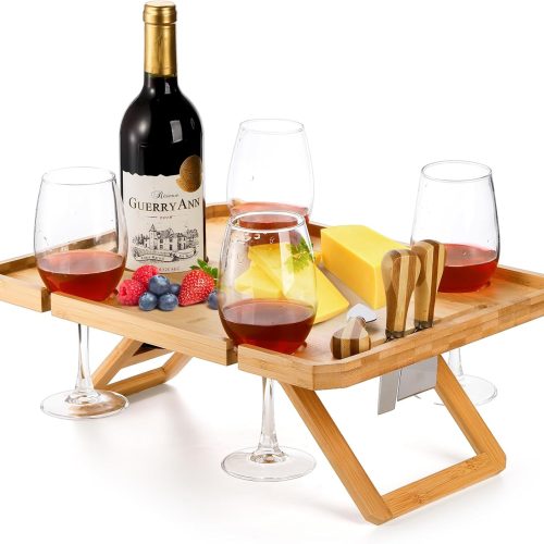 Kingrol Bamboo Picnic Wine Table, Foldable Outdoor Snack Table with Bottle Holder, 4 Glass Slots and Knife Slot, 16.1 x 12.5 x 6 in