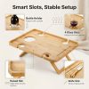 Kingrol Bamboo Picnic Wine Table, Foldable Outdoor Snack Table with Bottle Holder, 4 Glass Slots and Knife Slot, 16.1 x 12.5 x 6 in