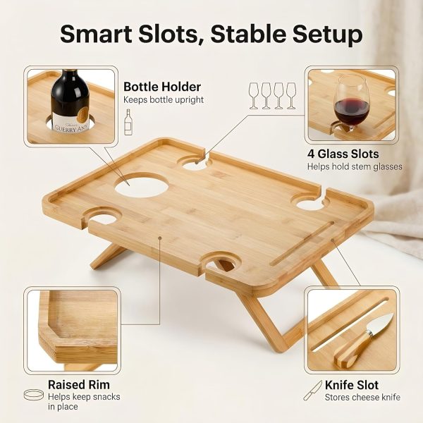 Kingrol Bamboo Picnic Wine Table, Foldable Outdoor Snack Table with Bottle Holder, 4 Glass Slots and Knife Slot, 16.1 x 12.5 x 6 in