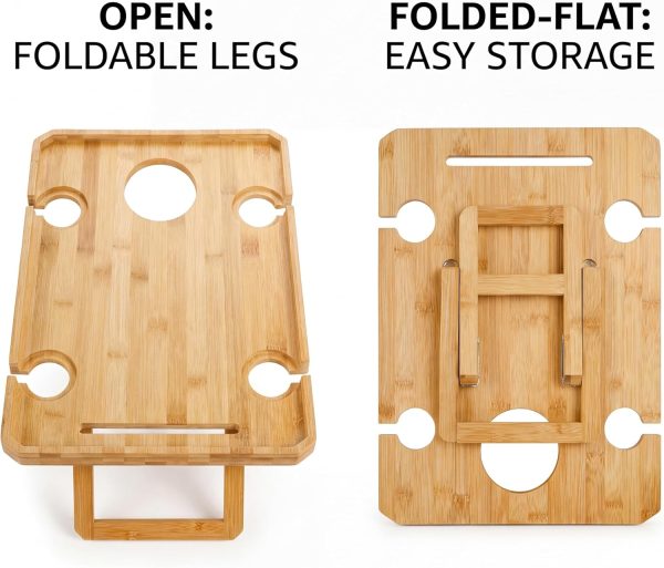 Kingrol Bamboo Picnic Wine Table, Foldable Outdoor Snack Table with Bottle Holder, 4 Glass Slots and Knife Slot, 16.1 x 12.5 x 6 in