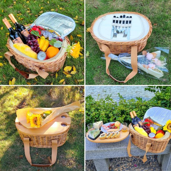 Hap Tim Wicker Picnic Basket Set for 4 with Mini Folding Wine Picnic Table & Large Insulated Cooler Bag & Cutlery Service Kits for 4 Person, Couples Gifts, Wedding Gifts (Y2209-4-CM)