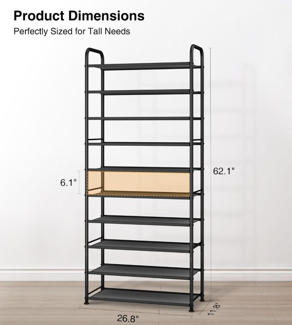STO STO 10-Tier Shoe Rack with Sturdy Mesh Shelves, Tall Metal Shoe Organizer for Entryway, Closet, Garage, Front Door, Holds 30 Pairs, Free Standing Large Shoe Storage Shelf, Adjustable Feet, Black