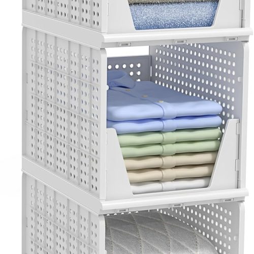 CT0438043JS_1 Sorbus Stackable Shelf Organizer Baskets – Plastic Closet Organizer for Clothes, Pantry, Bathroom, Kitchen & Garage – Open Front Storage Bins for Cabinets, Countertops & Under Shelf Organization