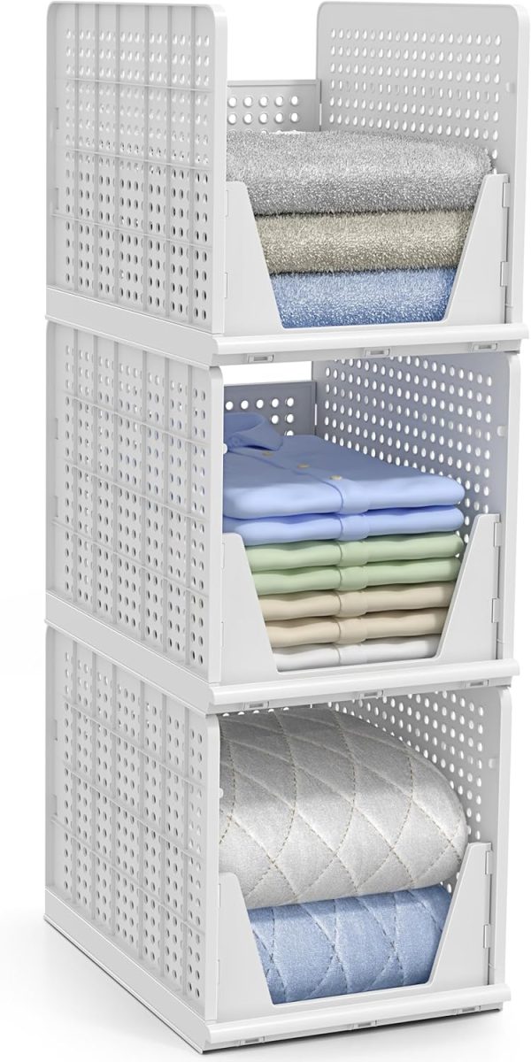 Sorbus Stackable Shelf Organizer Baskets – Plastic Closet Organizer for Clothes, Pantry, Bathroom, Kitchen & Garage – Open Front Storage Bins for Cabinets, Countertops & Under Shelf Organization