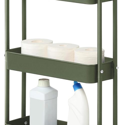 SunnyPoint Slim Rolling Storage Cart, 3 Tier Bathroom Storage Organizer Bathroom, Laundry Utility Cart (Army)