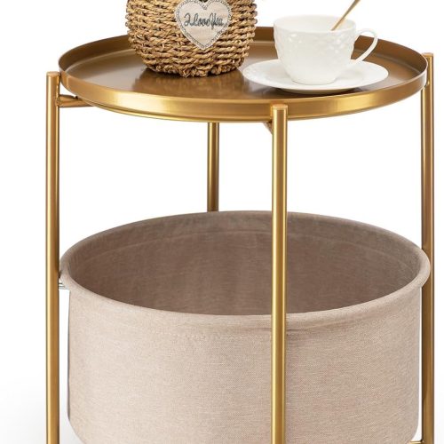 Gold Side Table with Basket, Small Round Table for Living Room | Metal Modern Nightstand for Small Space, Bedroom, Nursery, Accent Metal Stand with Removable Serving Tray, 20.47 in Tall