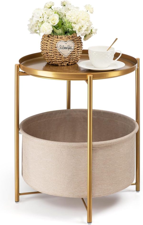 Gold Side Table with Basket, Small Round Table for Living Room | Metal Modern Nightstand for Small Space, Bedroom, Nursery, Accent Metal Stand with Removable Serving Tray, 20.47 in Tall