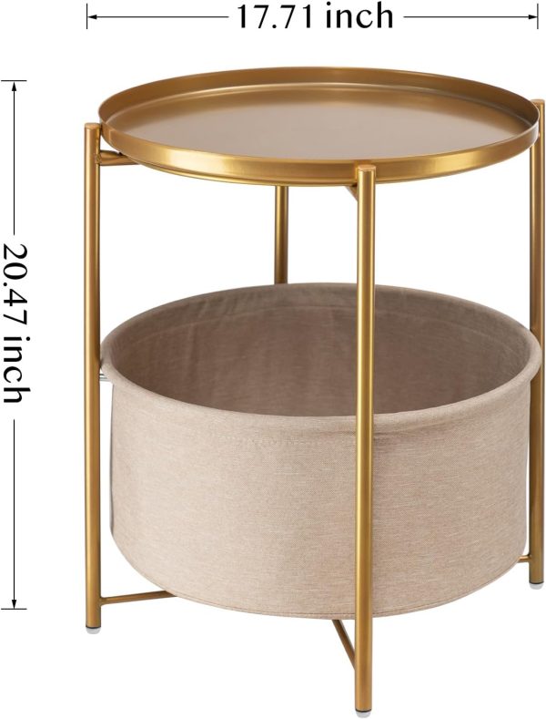 Gold Side Table with Basket, Small Round Table for Living Room | Metal Modern Nightstand for Small Space, Bedroom, Nursery, Accent Metal Stand with Removable Serving Tray, 20.47 in Tall