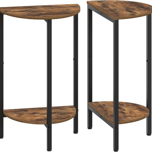 CT0438437JS_1 YATINEY Side Table with 2-Tier Open Sheleves, Half Round End Table Set of 2, Narrow Half Sofa Table, Entryway Table for Living Room, Bedroom, Rustic Brown ET07L2BR