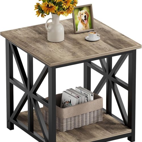 GreenForest End Table with 2-Tier Storage Shelf, 24 inch Large Side Table for Living Room,Modern Nightstand for Bedroom Bedside Office Farmhouse, Grey Wash